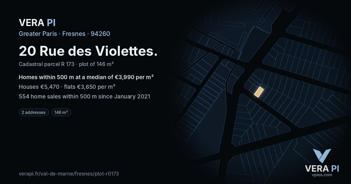 20 Rue des Violettes, Fresnes at night – the plot lit, the parcels around coloured by the prices near them