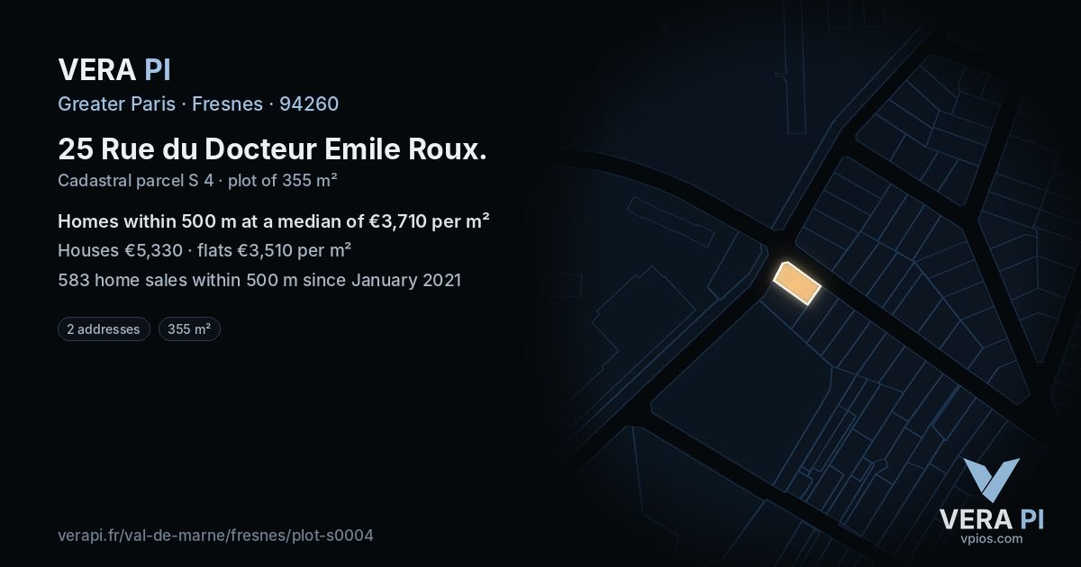 25 Rue du Docteur Emile Roux, Fresnes at night – the plot lit, the parcels around coloured by the prices near them