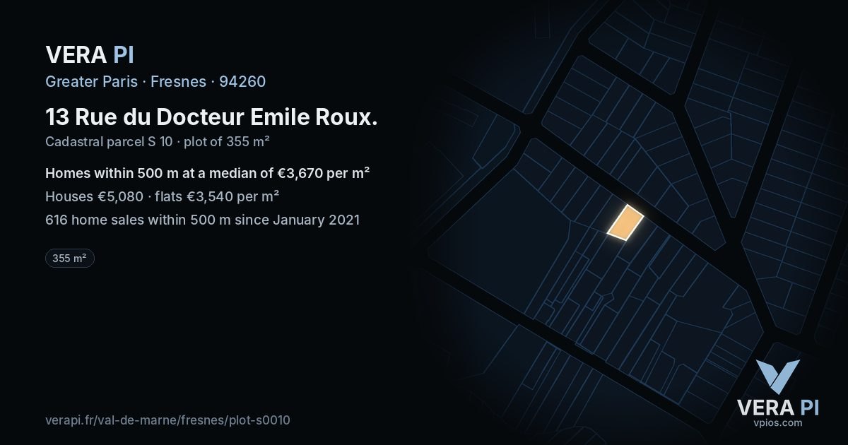 13 Rue du Docteur Emile Roux, Fresnes at night – the plot lit, the parcels around coloured by the prices near them