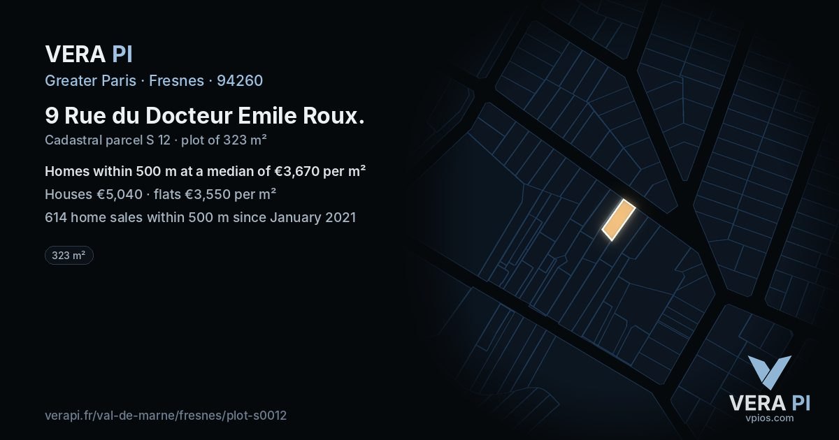 9 Rue du Docteur Emile Roux, Fresnes at night – the plot lit, the parcels around coloured by the prices near them