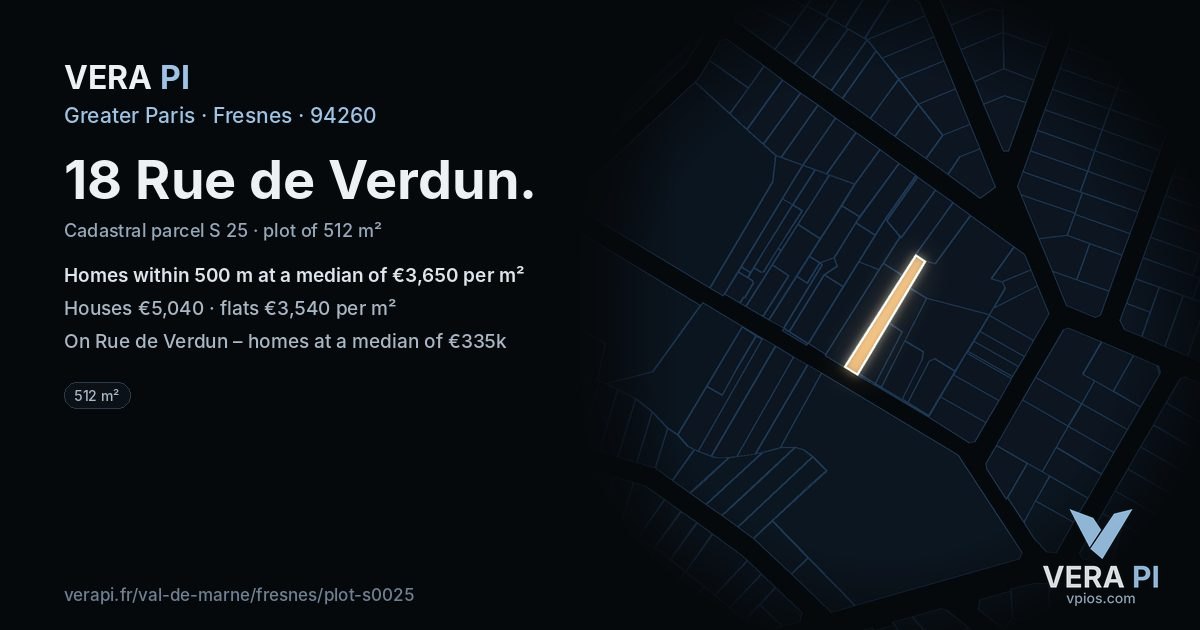 18 Rue de Verdun, Fresnes at night – the plot lit, the parcels around coloured by the prices near them