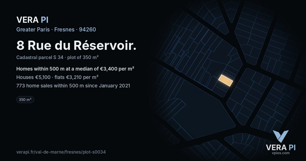8 Rue du Réservoir, Fresnes at night – the plot lit, the parcels around coloured by the prices near them