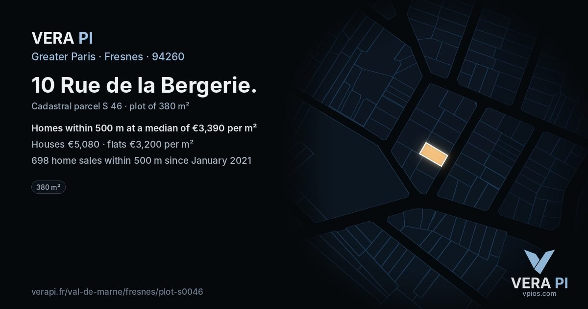 10 Rue de la Bergerie, Fresnes at night – the plot lit, the parcels around coloured by the prices near them