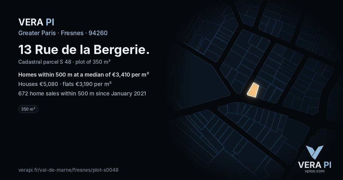 13 Rue de la Bergerie, Fresnes at night – the plot lit, the parcels around coloured by the prices near them
