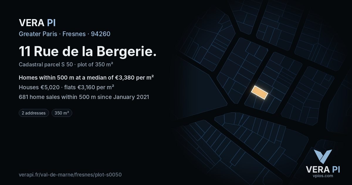 11 Rue de la Bergerie, Fresnes at night – the plot lit, the parcels around coloured by the prices near them