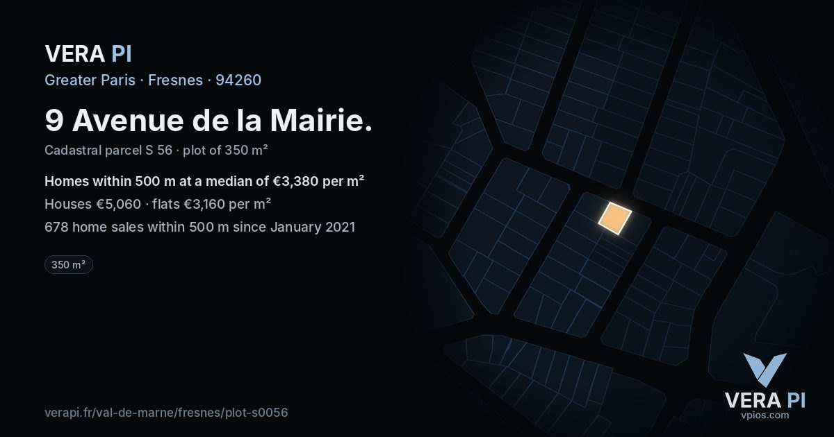 9 Avenue de la Mairie, Fresnes at night – the plot lit, the parcels around coloured by the prices near them