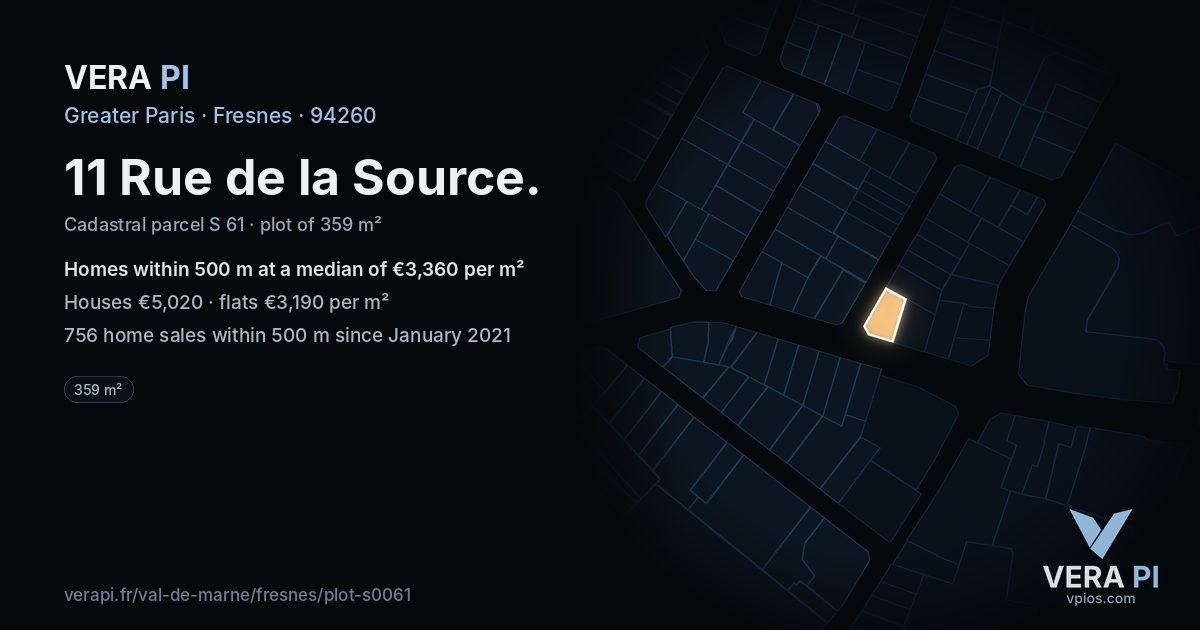 11 Rue de la Source, Fresnes at night – the plot lit, the parcels around coloured by the prices near them