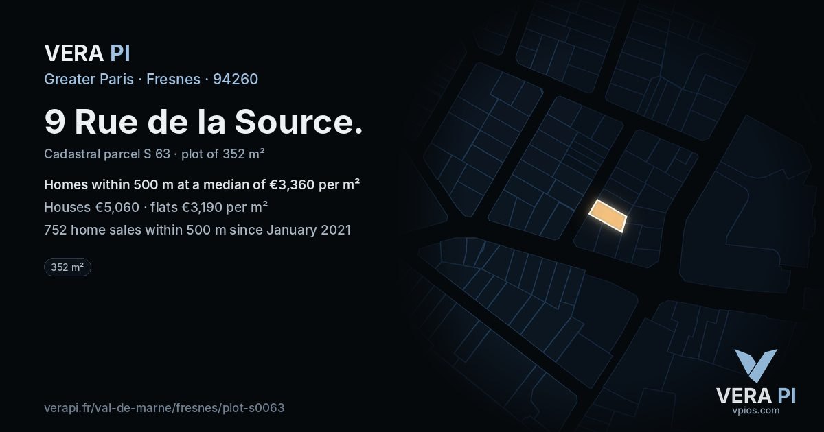 9 Rue de la Source, Fresnes at night – the plot lit, the parcels around coloured by the prices near them