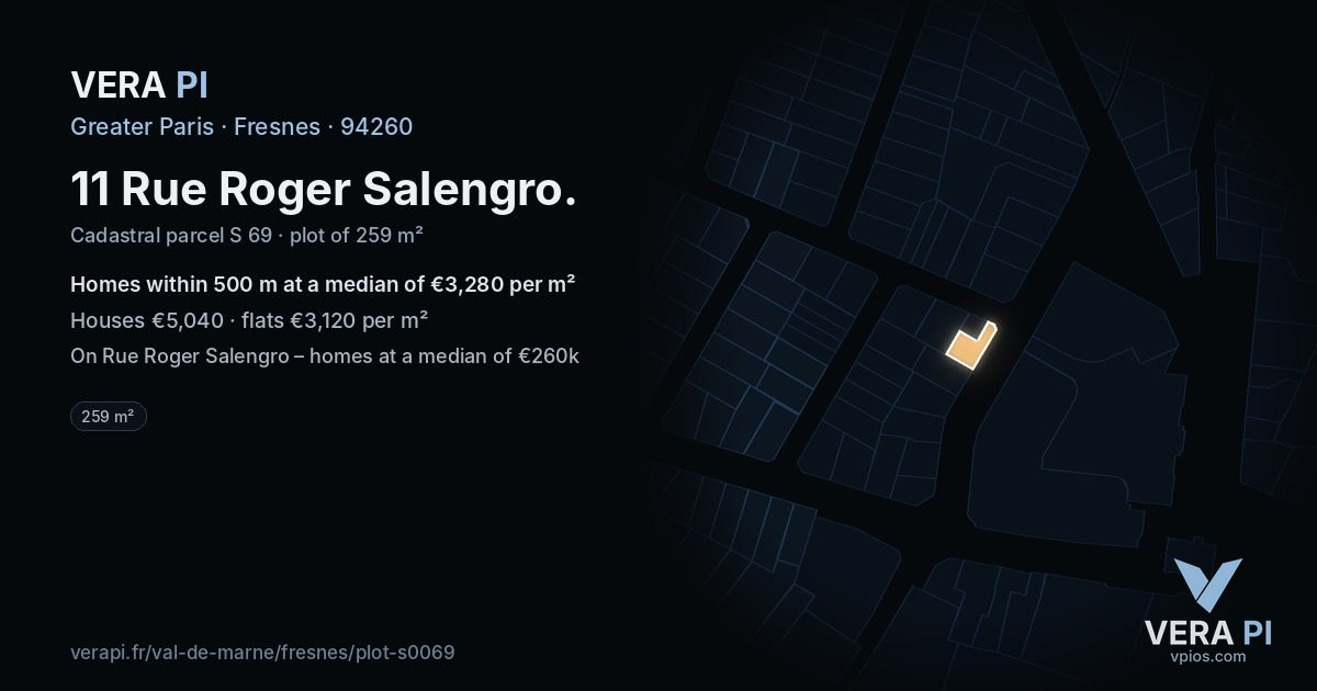 11 Rue Roger Salengro, Fresnes at night – the plot lit, the parcels around coloured by the prices near them
