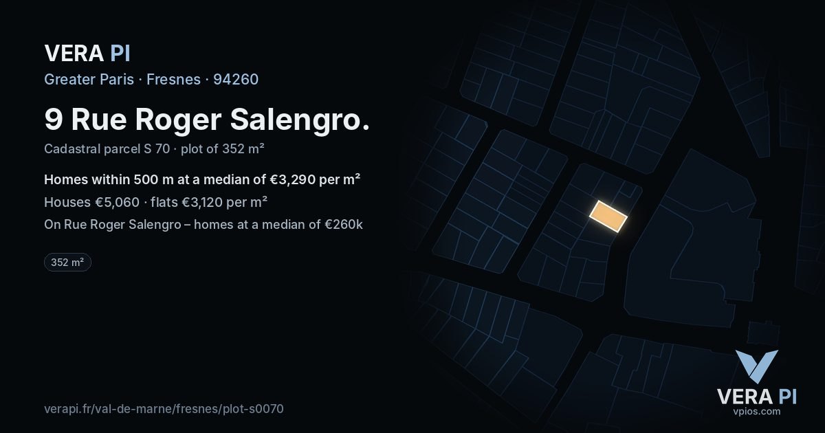 9 Rue Roger Salengro, Fresnes at night – the plot lit, the parcels around coloured by the prices near them