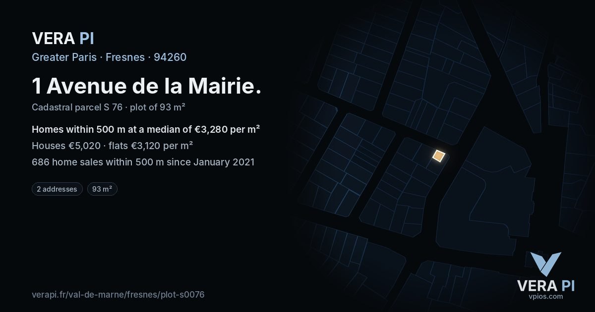 1 Avenue de la Mairie, Fresnes at night – the plot lit, the parcels around coloured by the prices near them