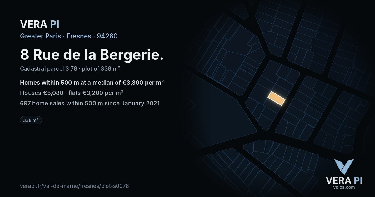 8 Rue de la Bergerie, Fresnes at night – the plot lit, the parcels around coloured by the prices near them