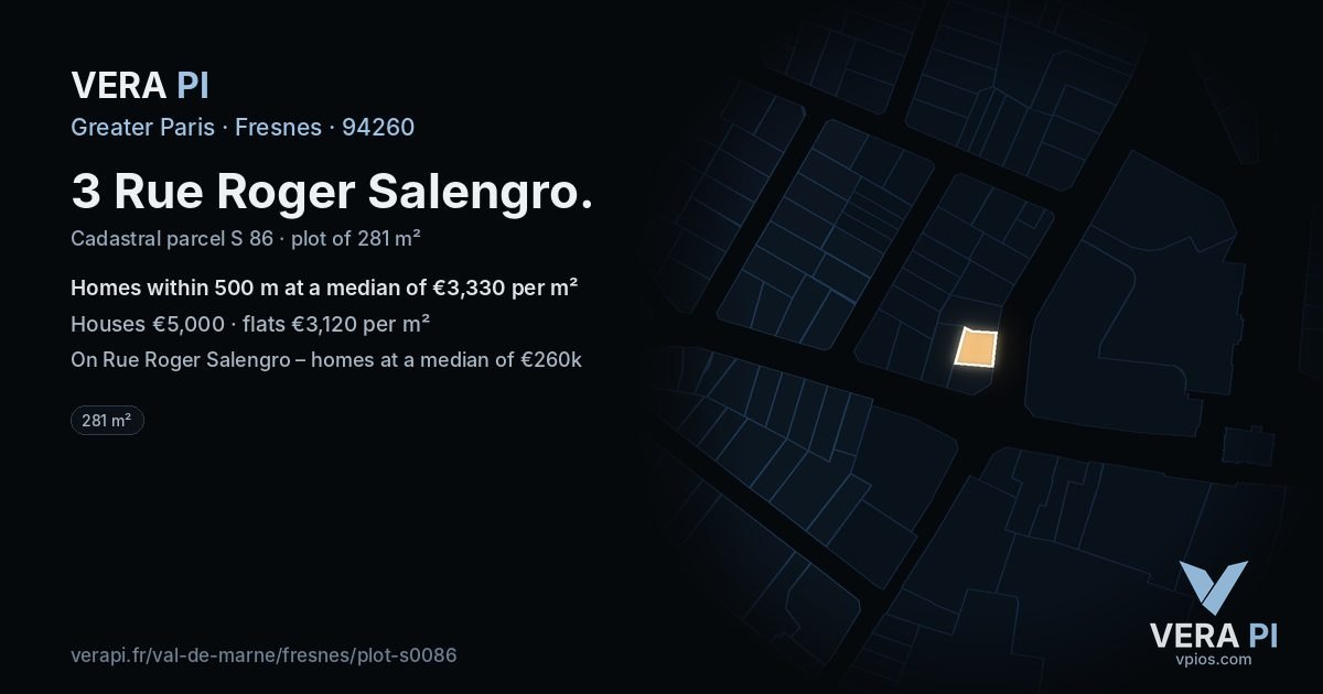 3 Rue Roger Salengro, Fresnes at night – the plot lit, the parcels around coloured by the prices near them