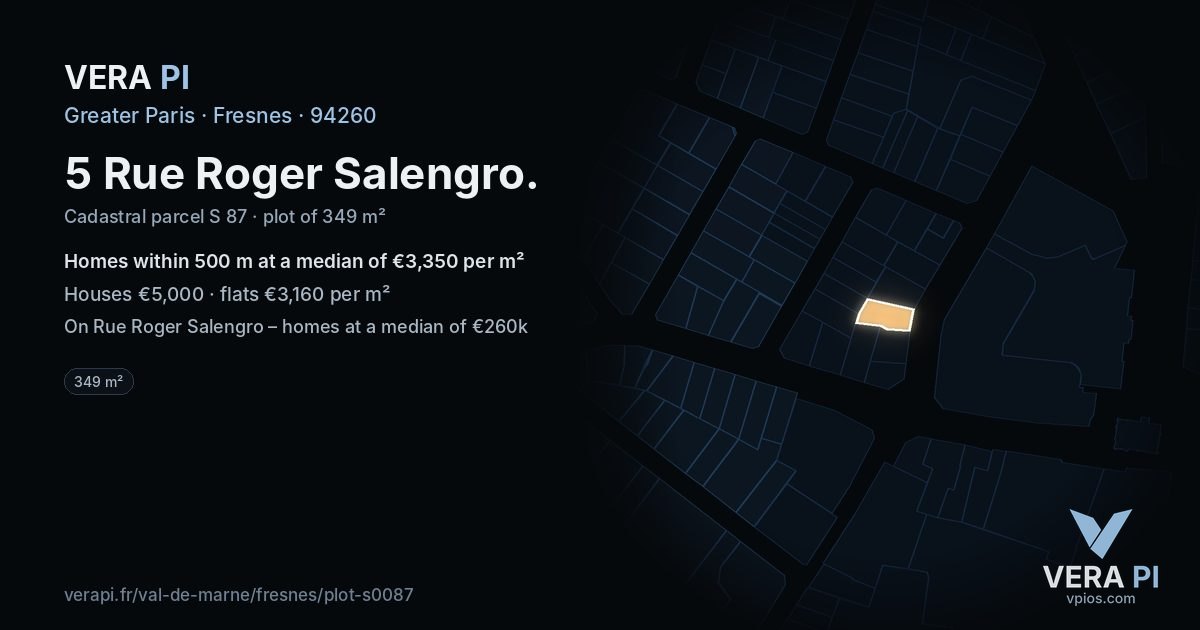 5 Rue Roger Salengro, Fresnes at night – the plot lit, the parcels around coloured by the prices near them