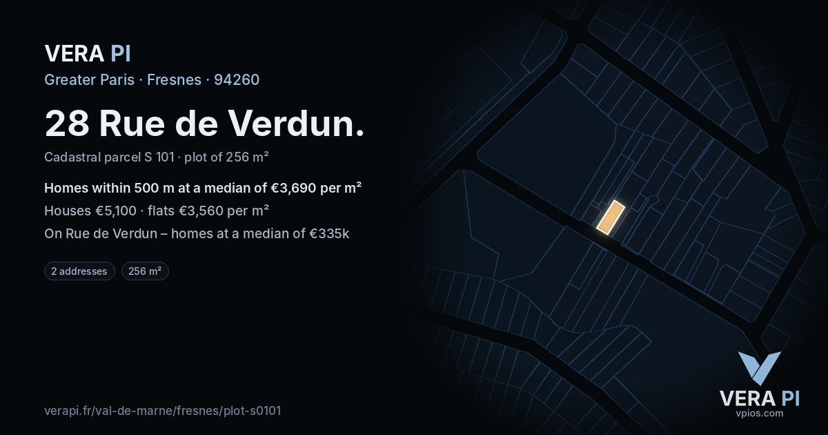 28 Rue de Verdun, Fresnes at night – the plot lit, the parcels around coloured by the prices near them
