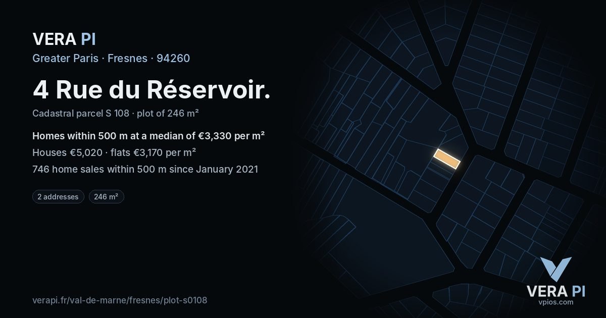 4 Rue du Réservoir, Fresnes at night – the plot lit, the parcels around coloured by the prices near them