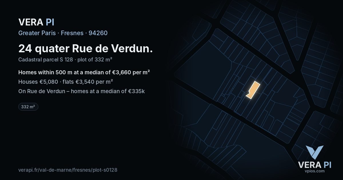 24 quater Rue de Verdun, Fresnes at night – the plot lit, the parcels around coloured by the prices near them