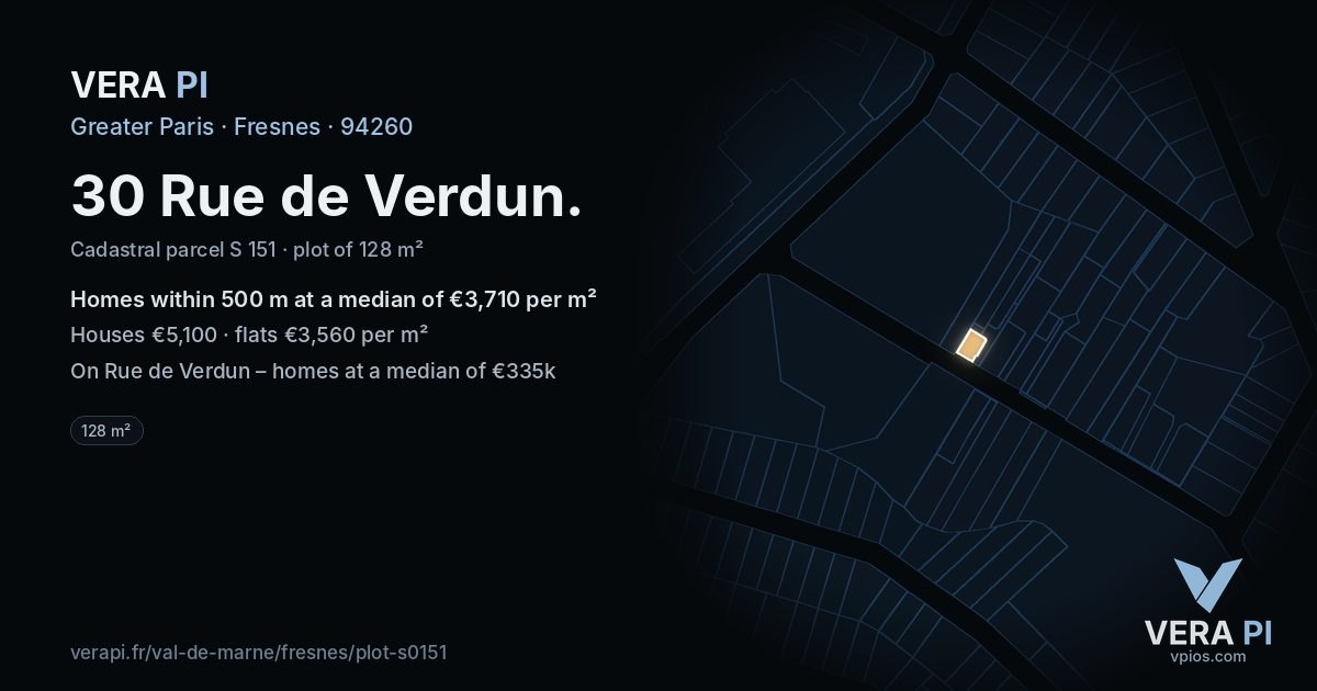 30 Rue de Verdun, Fresnes at night – the plot lit, the parcels around coloured by the prices near them