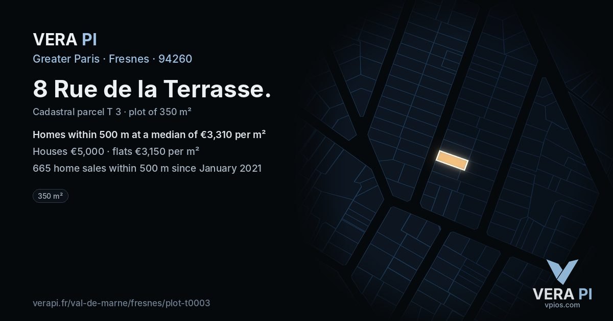 8 Rue de la Terrasse, Fresnes at night – the plot lit, the parcels around coloured by the prices near them