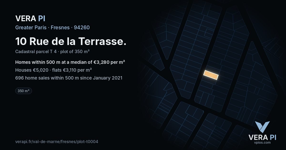 10 Rue de la Terrasse, Fresnes at night – the plot lit, the parcels around coloured by the prices near them
