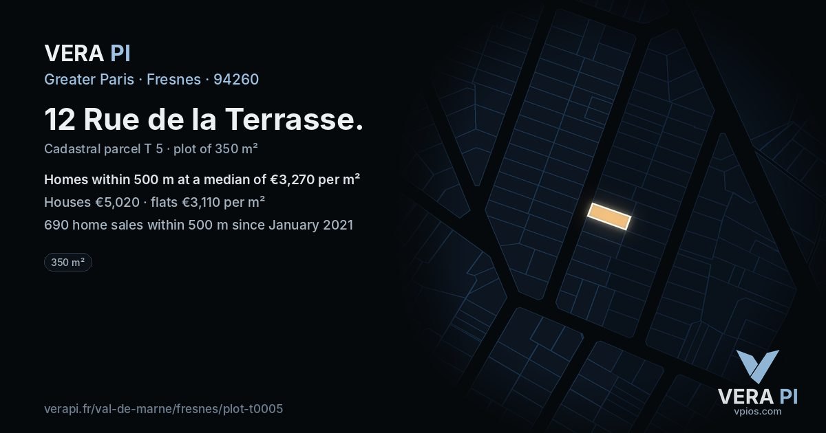 12 Rue de la Terrasse, Fresnes at night – the plot lit, the parcels around coloured by the prices near them