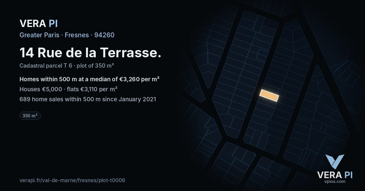 14 Rue de la Terrasse, Fresnes at night – the plot lit, the parcels around coloured by the prices near them