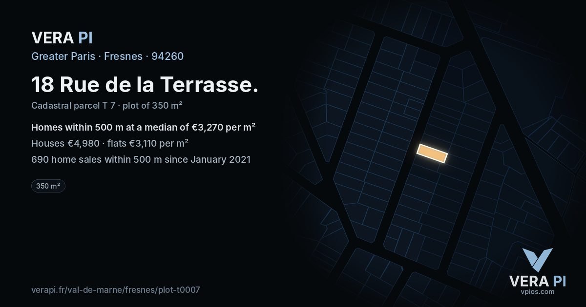 18 Rue de la Terrasse, Fresnes at night – the plot lit, the parcels around coloured by the prices near them
