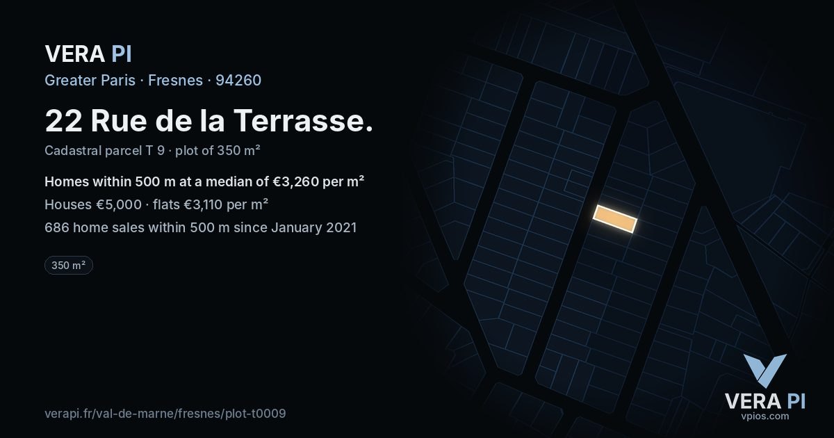 22 Rue de la Terrasse, Fresnes at night – the plot lit, the parcels around coloured by the prices near them