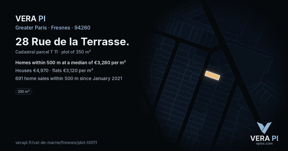 28 Rue de la Terrasse, Fresnes at night – the plot lit, the parcels around coloured by the prices near them