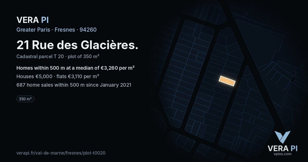 21 Rue des Glacières, Fresnes at night – the plot lit, the parcels around coloured by the prices near them