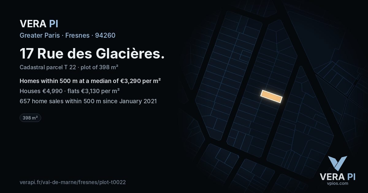 17 Rue des Glacières, Fresnes at night – the plot lit, the parcels around coloured by the prices near them