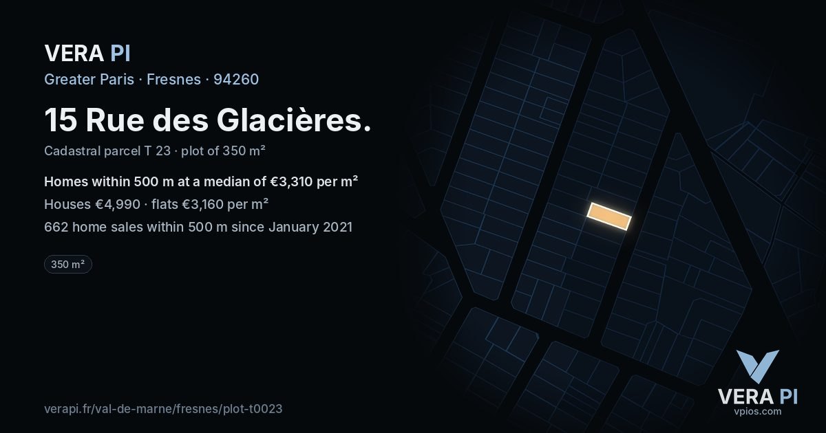 15 Rue des Glacières, Fresnes at night – the plot lit, the parcels around coloured by the prices near them