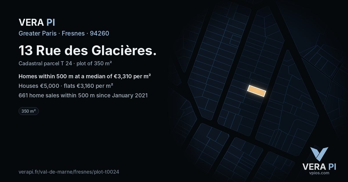 13 Rue des Glacières, Fresnes at night – the plot lit, the parcels around coloured by the prices near them