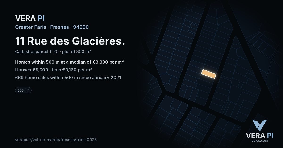 11 Rue des Glacières, Fresnes at night – the plot lit, the parcels around coloured by the prices near them
