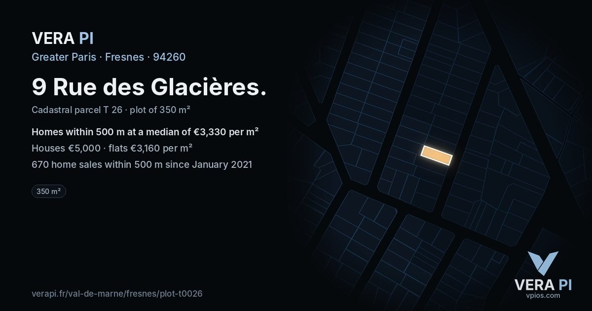 9 Rue des Glacières, Fresnes at night – the plot lit, the parcels around coloured by the prices near them