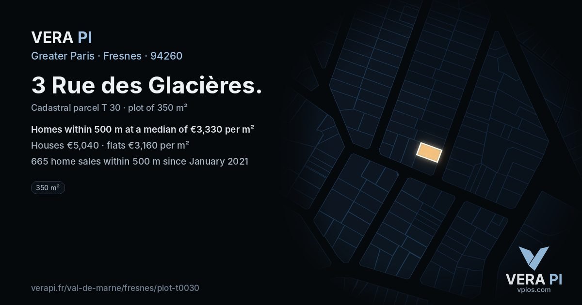 3 Rue des Glacières, Fresnes at night – the plot lit, the parcels around coloured by the prices near them
