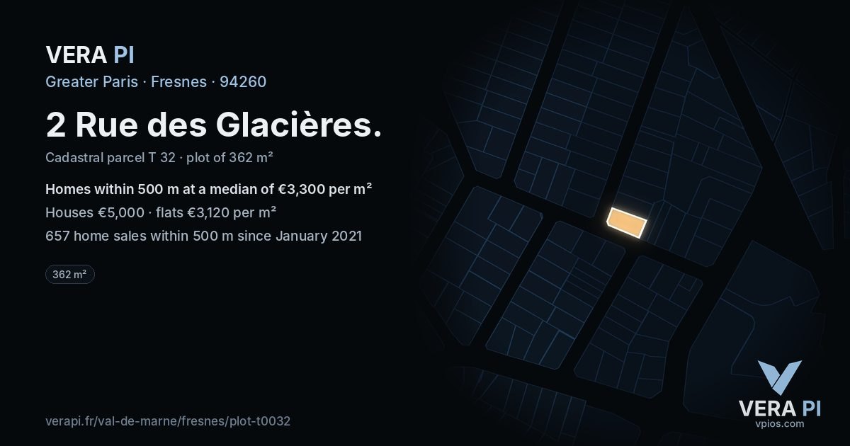 2 Rue des Glacières, Fresnes at night – the plot lit, the parcels around coloured by the prices near them