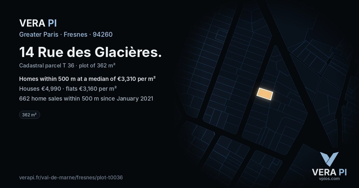 14 Rue des Glacières, Fresnes at night – the plot lit, the parcels around coloured by the prices near them