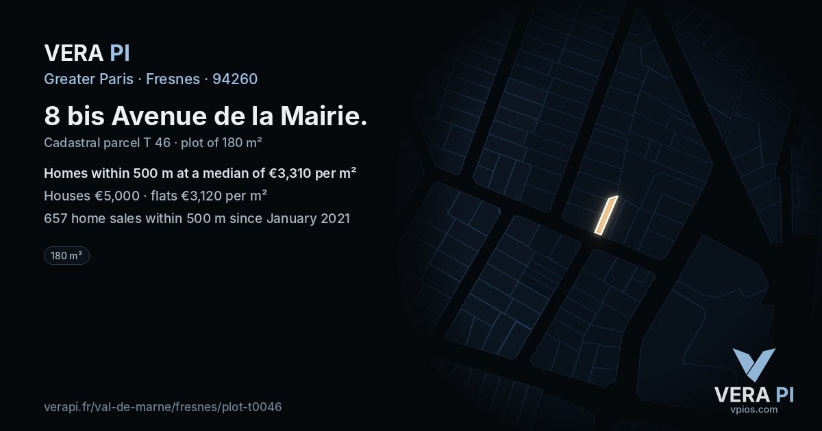 8 bis Avenue de la Mairie, Fresnes at night – the plot lit, the parcels around coloured by the prices near them