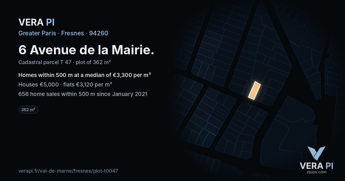 6 Avenue de la Mairie, Fresnes at night – the plot lit, the parcels around coloured by the prices near them
