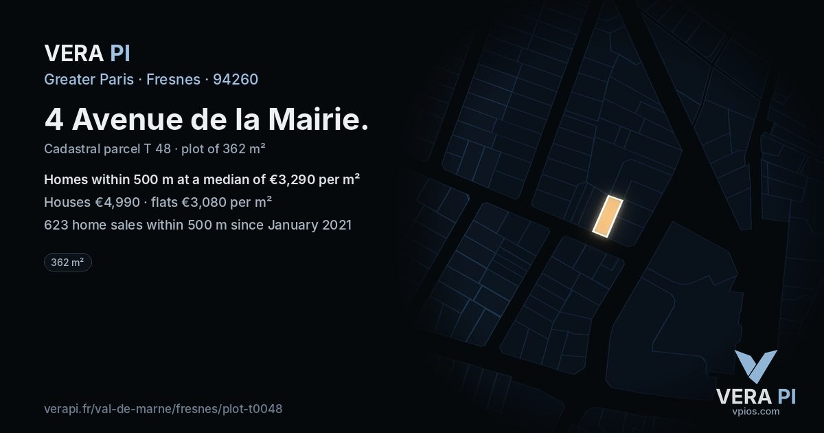 4 Avenue de la Mairie, Fresnes at night – the plot lit, the parcels around coloured by the prices near them