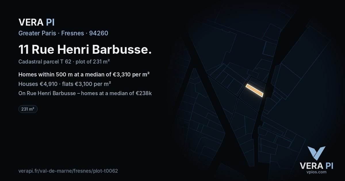 11 Rue Henri Barbusse, Fresnes at night – the plot lit, the parcels around coloured by the prices near them