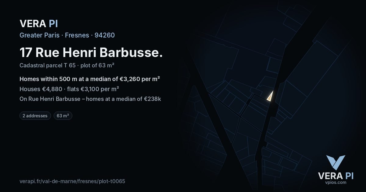 17 Rue Henri Barbusse, Fresnes at night – the plot lit, the parcels around coloured by the prices near them