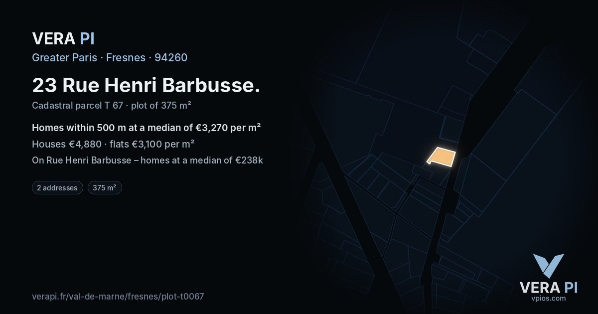 23 Rue Henri Barbusse, Fresnes at night – the plot lit, the parcels around coloured by the prices near them