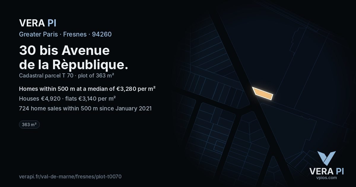 30 bis Avenue de la Rèpublique, Fresnes at night – the plot lit, the parcels around coloured by the prices near them