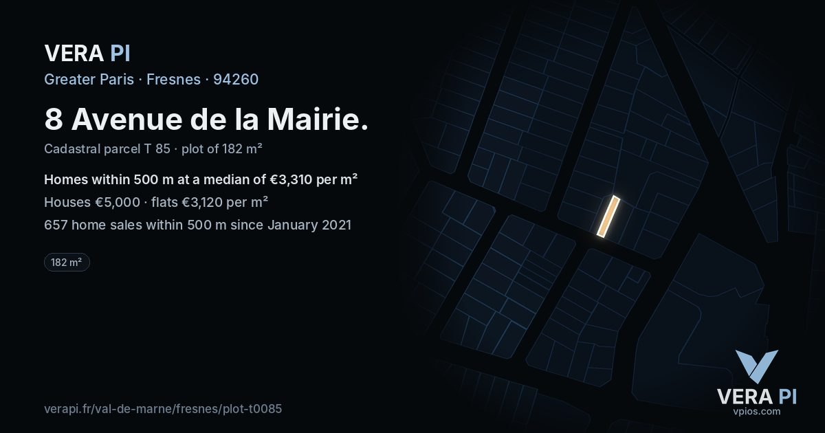 8 Avenue de la Mairie, Fresnes at night – the plot lit, the parcels around coloured by the prices near them