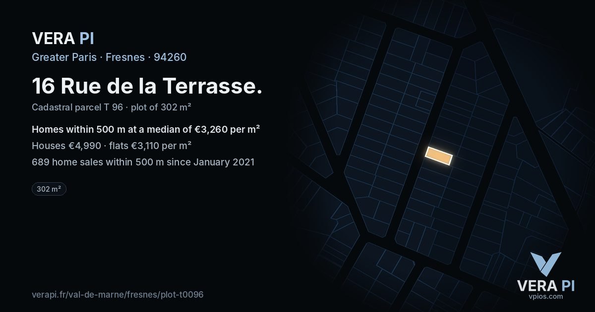 16 Rue de la Terrasse, Fresnes at night – the plot lit, the parcels around coloured by the prices near them