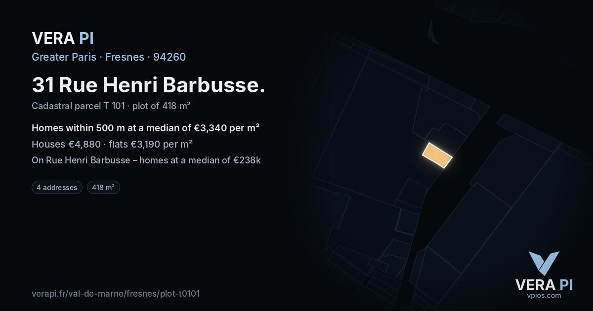 31 Rue Henri Barbusse, Fresnes at night – the plot lit, the parcels around coloured by the prices near them