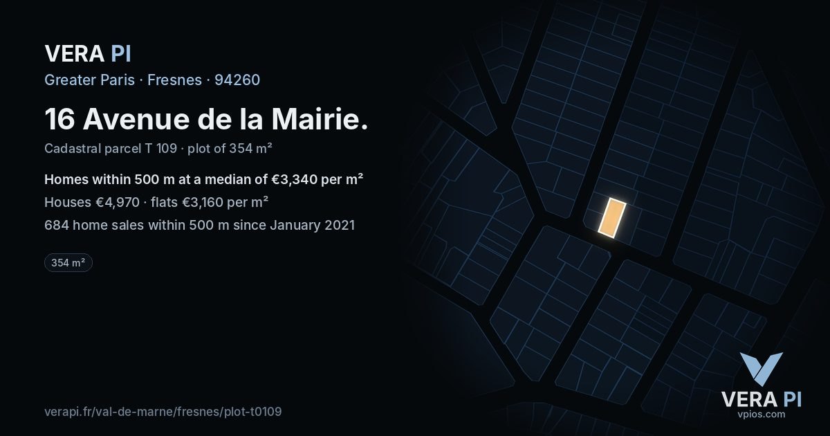 16 Avenue de la Mairie, Fresnes at night – the plot lit, the parcels around coloured by the prices near them