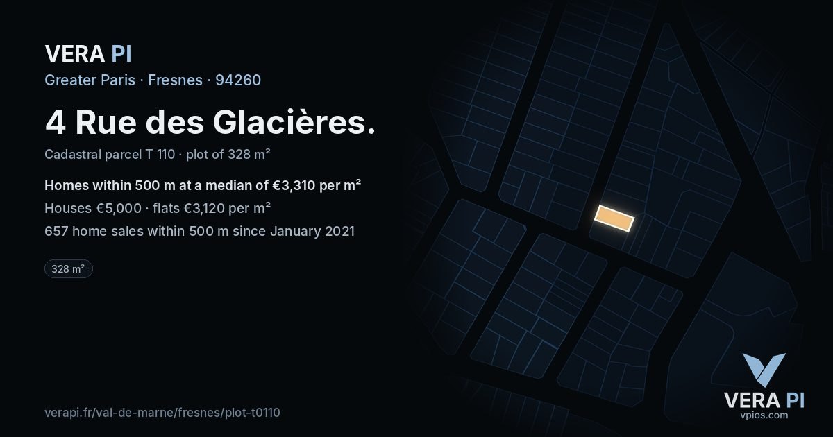4 Rue des Glacières, Fresnes at night – the plot lit, the parcels around coloured by the prices near them